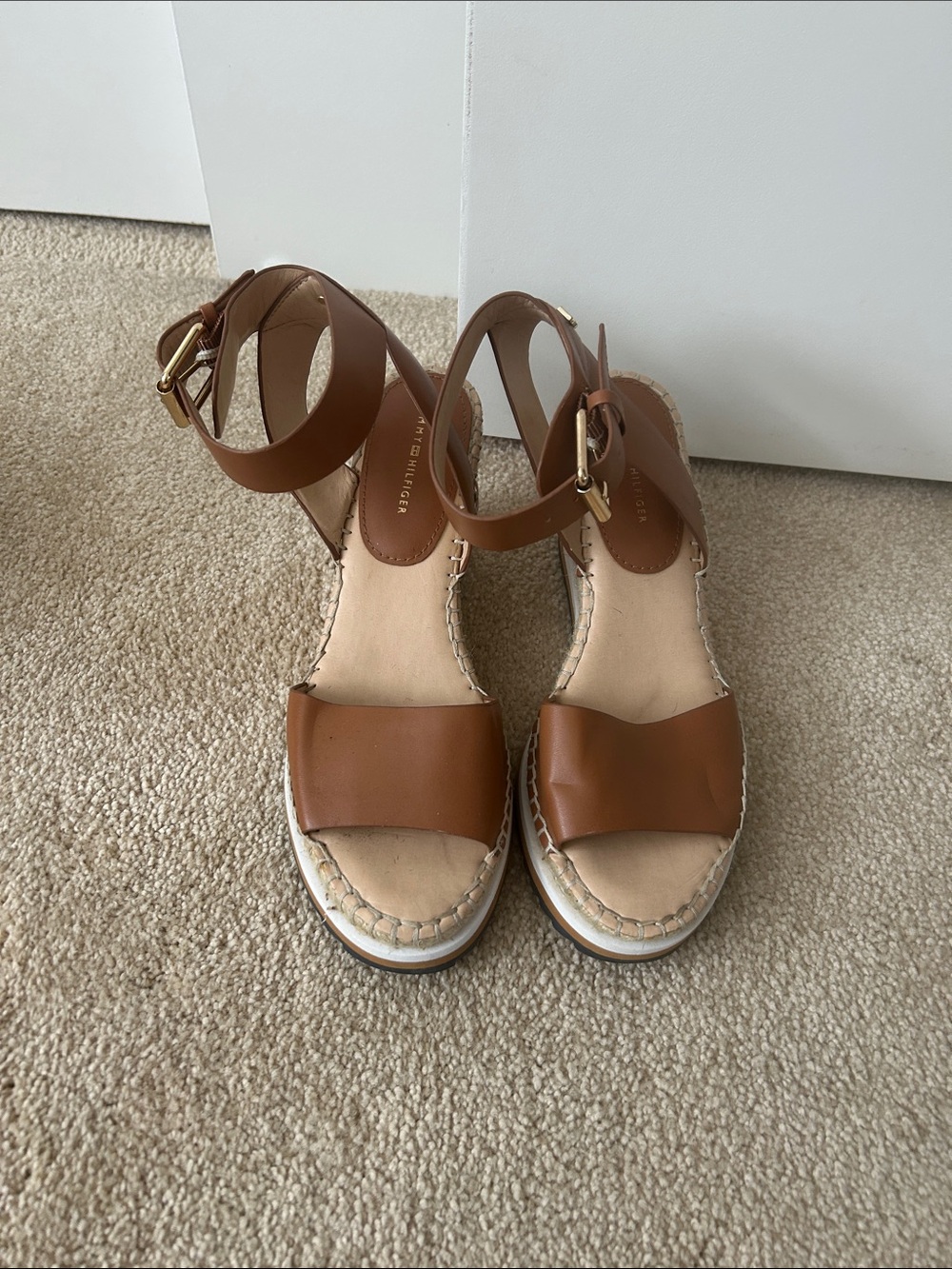 Tommy Hilfiger Brown Leather Ankle-Strap Wedge Sandals NEW!